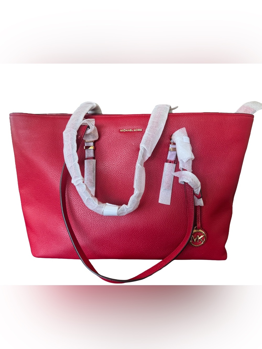 Michael Kors Red Pebbled Leather Tote with Gold Accents